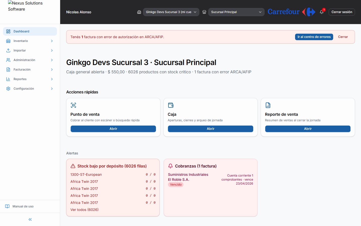 Encabezado con selector de sucursal