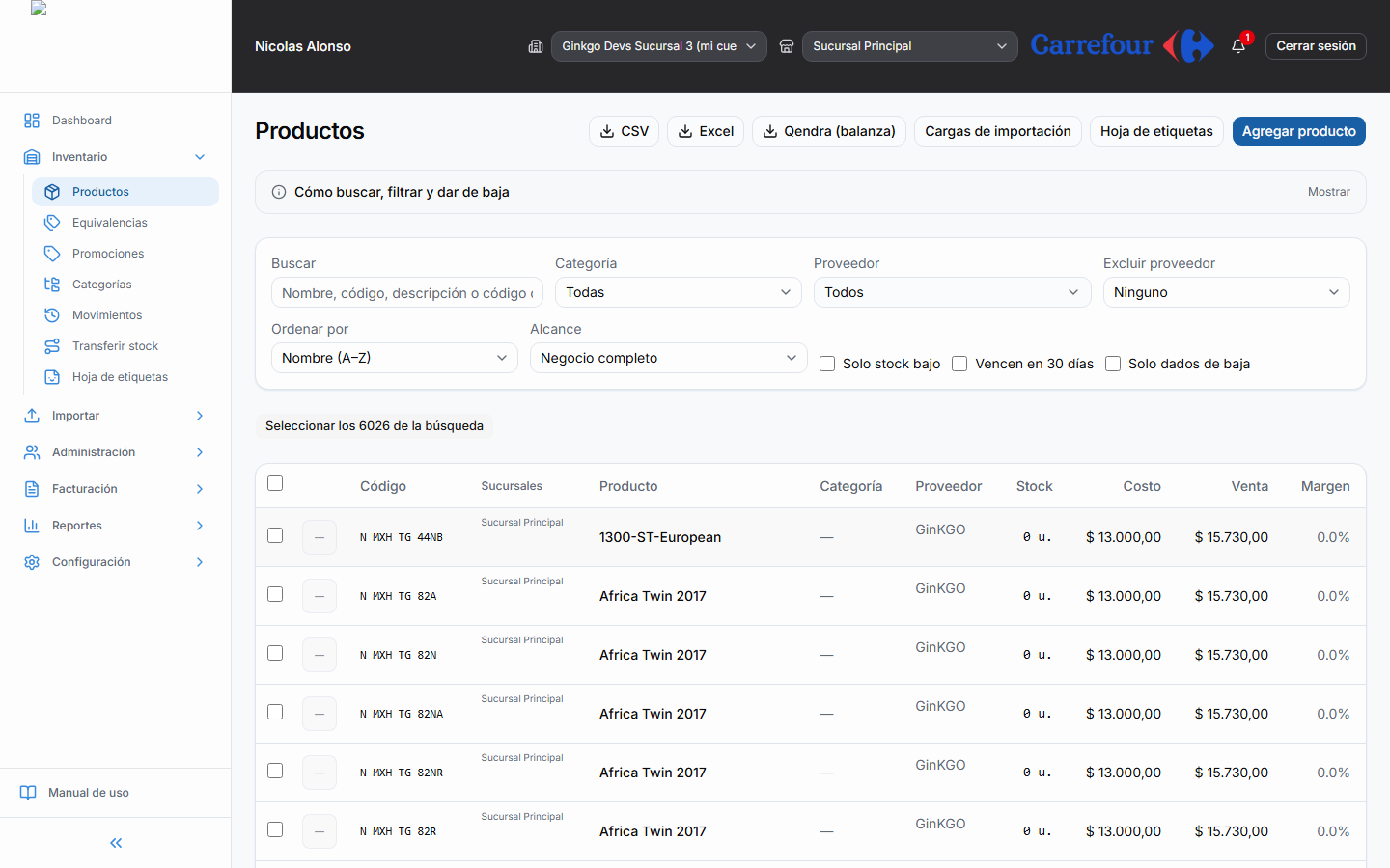Listado de productos con filtros