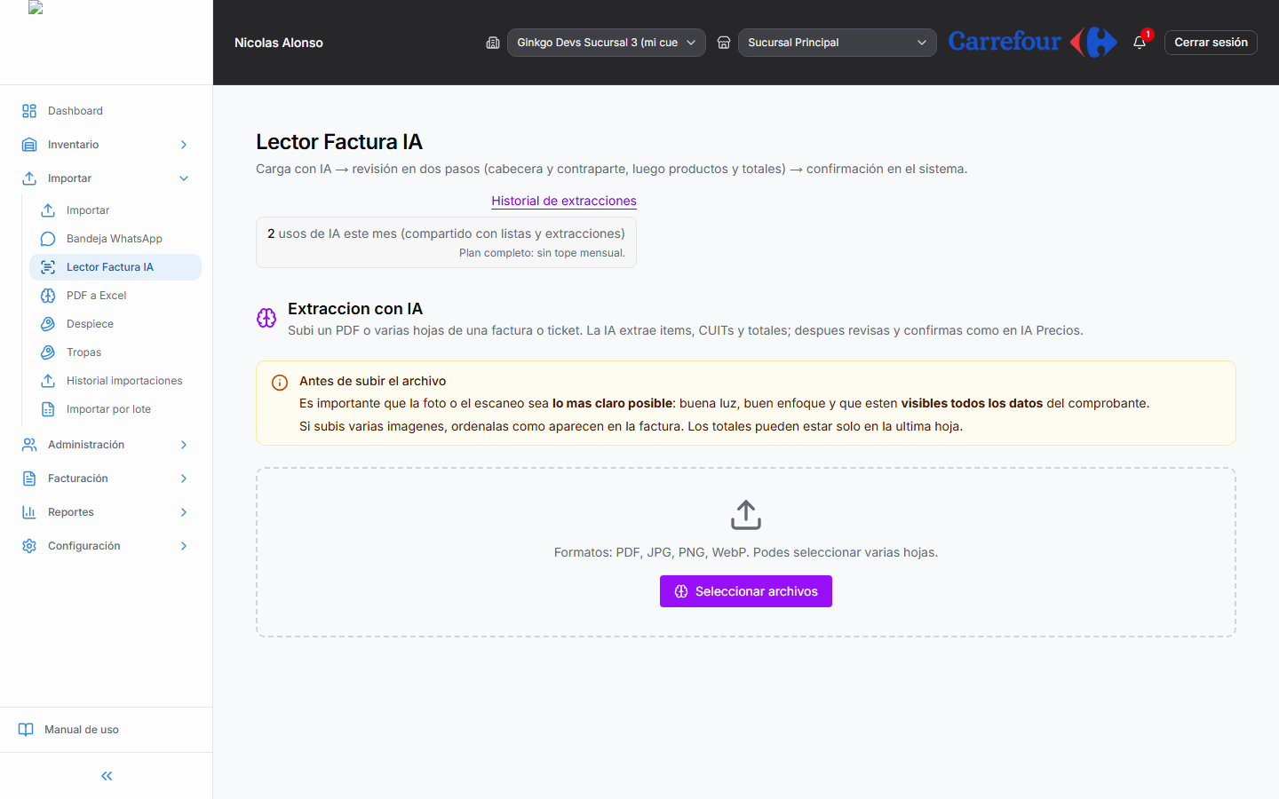 Lector — archivo subido y tabla extraída