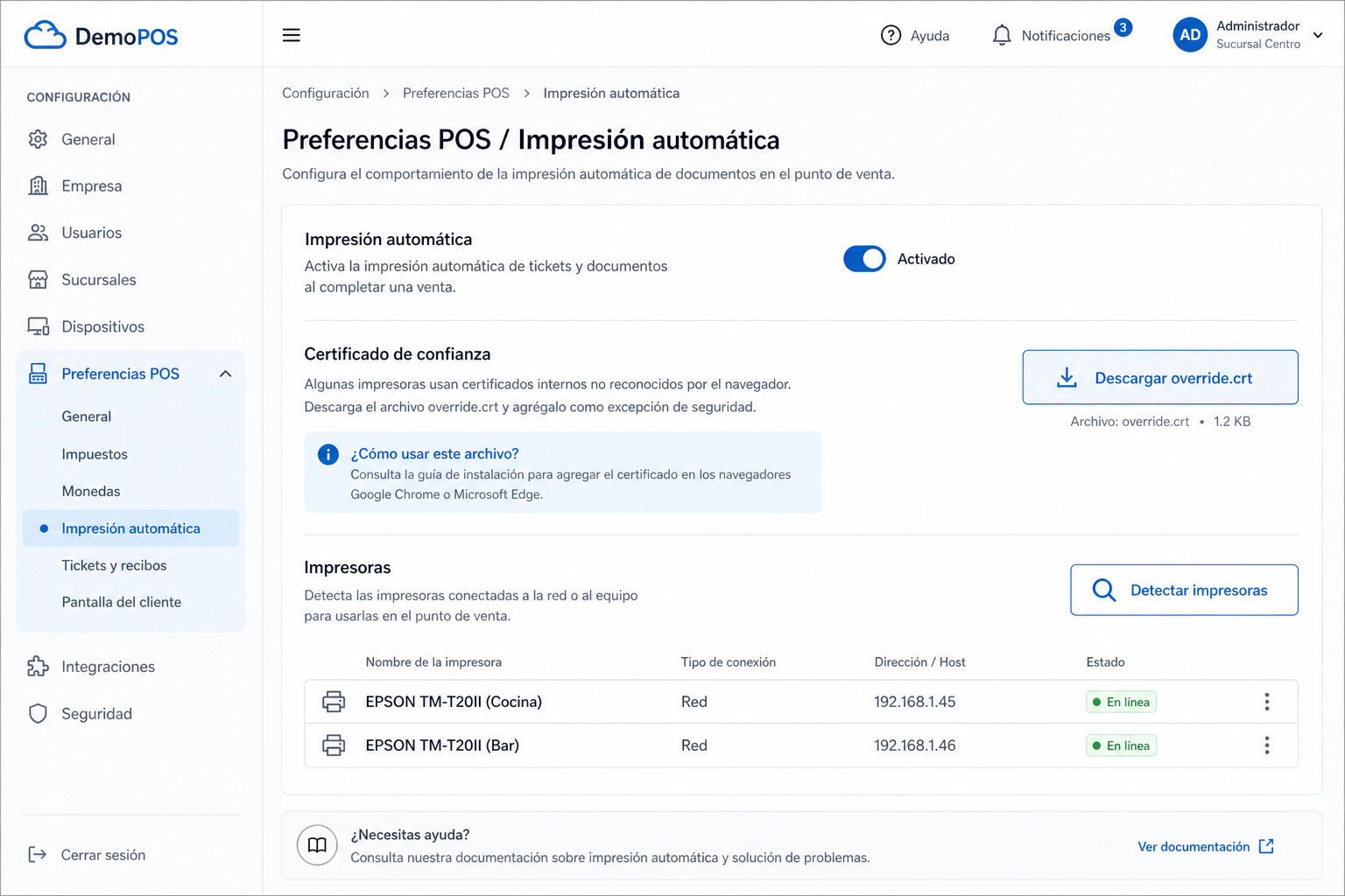 Configuración: Certificado de confianza y descarga de override.crt